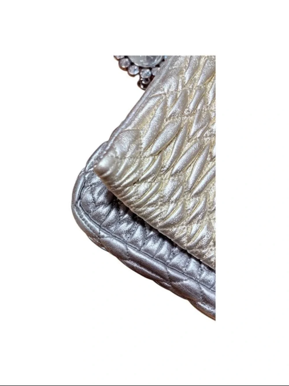 Miu Miu Shimmery Silver Quilted Evening Clutch with Jeweled Strap